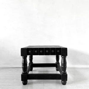 Vintage Spanish Revival Brutalist Stool Black Leather Woven & Ebonized Wood Ottoman Living Room Furniture