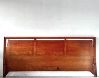 MCM Cherry Inlaid King Size Headboard Mid Century Danish Modern Wood Scandinavian Bed