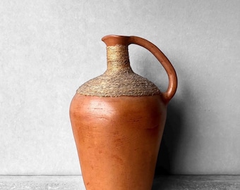 Vintage Mexican Teracotta Jute Wrapped Water Jug or Pitcher Rustic Ceramic Pottery Decor