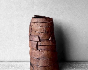 Mid Century Brutalist Slab Built Pottery Vase or Vessel MCM Artist Signed Wabi Sabi Stoneware Decor