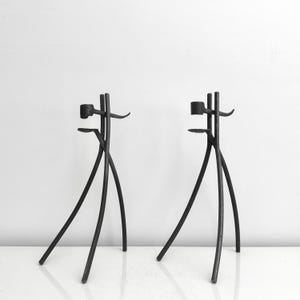 MCM Pair of Brutalist Forged Iron Candleholders Mid Century Decor