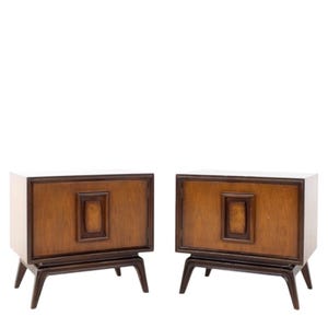 MCM Pair of Brutalist Walnut & Burl Wood Nightstands Mid Century Modern End Tables or Storage Cabinets
