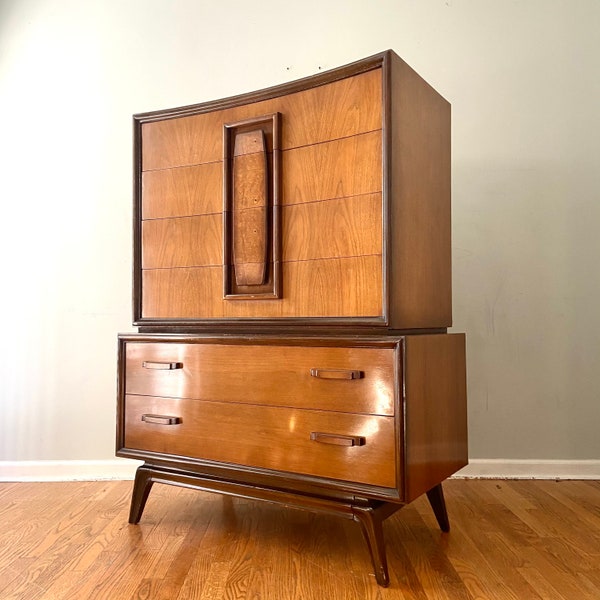 Unbelievable Mid Century Modern Brutalist Walnut and Burl Highboy Dresser