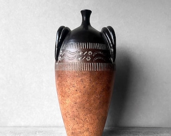 Vintage Large Sgrafitto Carved Pottery Vase or Ceramic Vessel Mid Century Terracotta Floor Decor