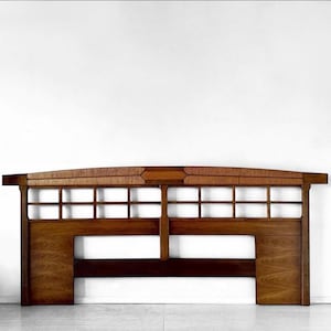 MCM Walnut & Rush King Size Headboard Mid Century Danish Modern Wood Bed Furniture