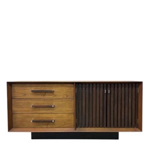 MCM Brutalist Walnut and Rosewood Credenza or Sideboard by Lane Mid Century Modern Wood “Tower Suite” Storage Cabinet Furniture