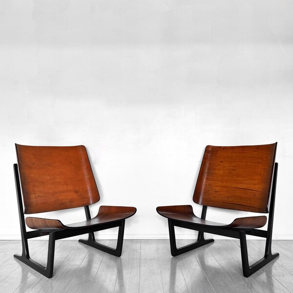 MCM Pair of Walnut Sled Lounge Chairs by Hans Juergens for Deco House Mid Century Modern Danish Wood Living Room Seating Furniture