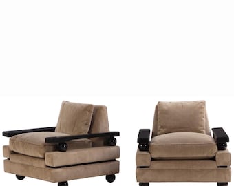 French Modernist Pair of Lounge Chairs in the style of Jean Royere Vintage Mid Century Wood Living Room Seating Furniture