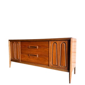 MCM Walnut Low Dresser or Credenza Mid Century Modern Wood Storage Cabinet Furniture