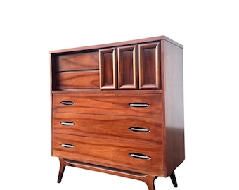 Mid Century Sculpted Walnut High Chest or Tall Dresser MCM Wood Storage Cabinet Furniture