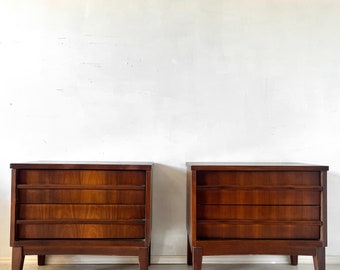 MCM Pair of Curved Front Walnut Nightstands by Unagusta Mid Century Modern Wood End Tables or Cabinets (After Nakashima)
