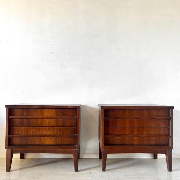 MCM Pair of Curved Front Walnut Nightstands by Unagusta Mid Century Modern Wood End Tables or Cabinets (After Nakashima)