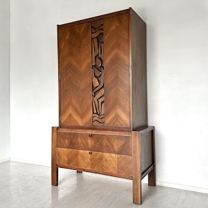 Mid Century Modern Walnut Tiki Brutalist Armoire Dresser or High Chest by United MCM Danish Cabinet or Gentleman’s Chest