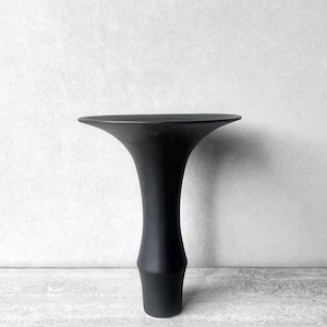 May include: A matte black vase with a wide, flared trumpet-shaped rim that tapers down into a slender neck, expanding slightly at the base. The vessel features a smooth, solid dark finish with a clean, symmetrical silhouette and a wide opening.