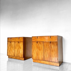 MCM Pair of Honey Walnut Nightstands or Cabinets by Hickory Manufacturing Mid Century Modern Milo Baughman Style End Tables