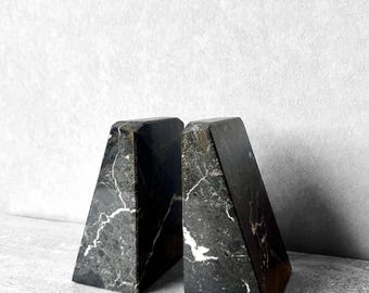 Vintage Pair of Italian Black Marble Angled Bookends Modernist Decor