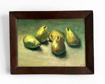 Vintage Oil on Board Still Life Painting of Pears Artist Signed Artwork or Wall Art Decor