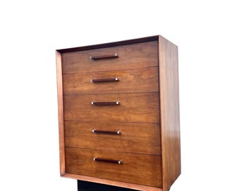 Mid Century Brutalist Walnut & Rosewood "Tower Suite" High Chest by Lane MCM Wood Tall Dresser or Storage Cabinet