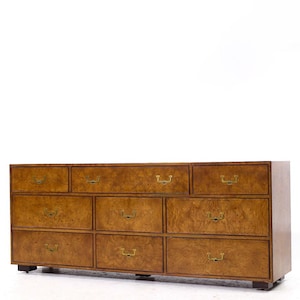 John Widdicomb Burl Wood Campaign Dresser or Credenza MCM Mid Century Modern Storage Cabinet Furniture
