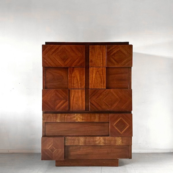 MCM Brutalist Walnut “Mosaic” High Chest or Tall Dresser by Lane Mid Century Modern Wood Storage Cabinet