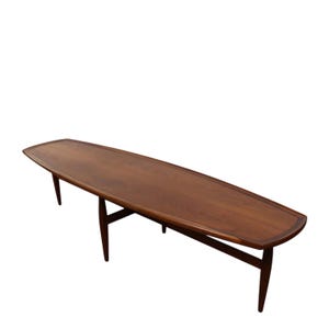 MCM Walnut “Declaration” Surfboard Coffee Table by Kipp Stewart for Drexel Mid Century Modern Wood Living Room Furniture