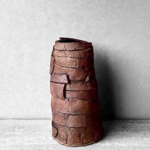 Mid Century Brutalist Slab Built Pottery Vase or Vessel MCM Artist Signed Wabi Sabi Stoneware Decor