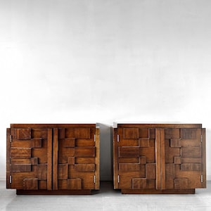 MCM Walnut Brutalist “Mosaic” Pair of Nightstands or Cabinets by Lane Mid Century Modern Furniture