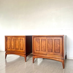 Mid Century Modern Walnut and Burl Inlaid Pair of End Tables or Cabinets