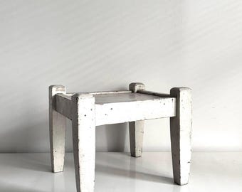 Rustic Primitive White Painted Wooden Stool or Plant Stand Brutalist Decor