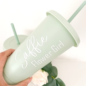 Sage green Bridesmaids gift, personalised cold cup, Personalised christmas gift, sage green tumbler, pastel green cold cup with lid & straw