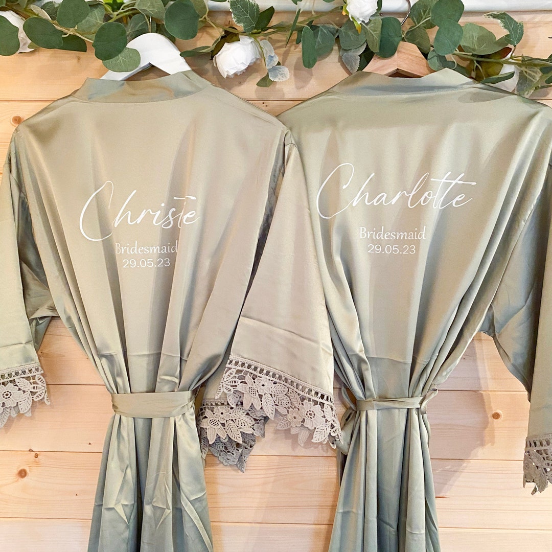 Sage Green Bridesmaid Gift, Sage Green Robe, Personalised Satin