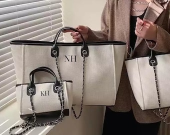 Personalised monogram canvas bag, personalised handbag, Canvas chain monogram tote bag, personalised beach bag, bridesmaid gift, mothers day