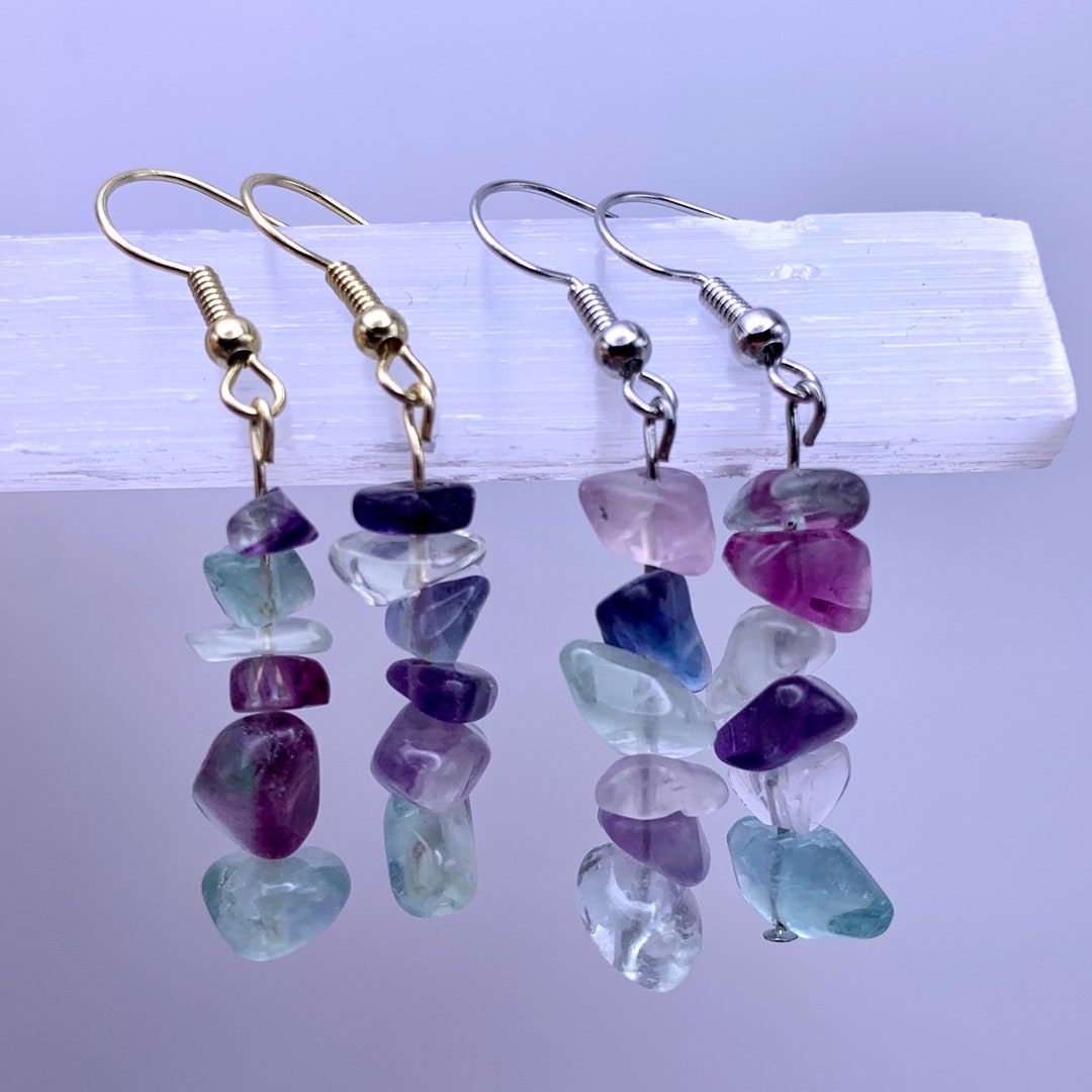 Fluorite Gemstone Dangle Earrings Minimalist Drop Earrings, Healing