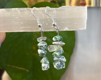 Tree Agate Dangle Earrings | Minimalist Drop Earrings, Healing Stones, Crystal Earrings, green and white, earthy