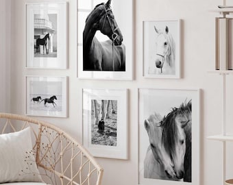 Black and White Horse Print Equestrian Wall Art, Modern Animal Photography, Neutral Farmhouse and Scandinavian Home Decor