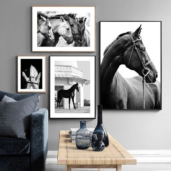 Affiche de photographie de chevaux en noir et blanc, peinture sur toile d'animaux sur le mur, image imprimée nordique pour décoration de salon et de maison