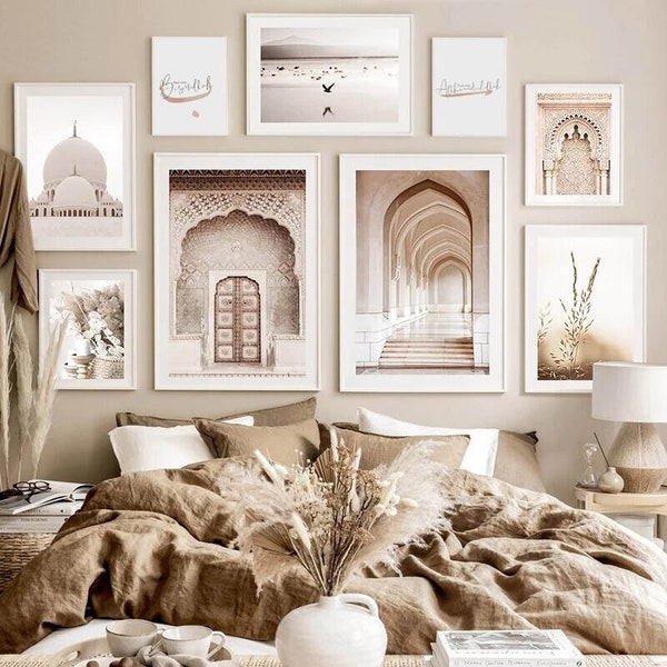 Mosquée, bâtiment, porte, photo, bohème, beige, paysage, affiche, et, impression, salon, décoration, ensemble, 9 impressions art