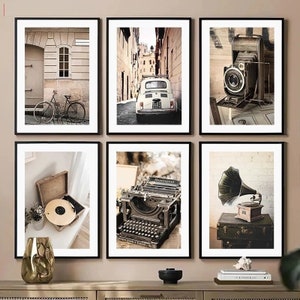 Affiches rétro vintage avec appareil photo, art mural, décoration nostalgique : tourne-disque, vélo, machine à écrire, bus, photos nordique scandinave