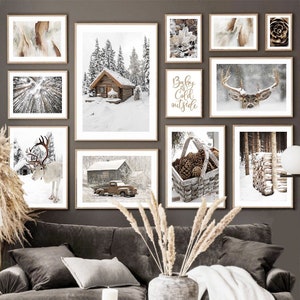 Cartaz de casa de Natal com neve de inverno, folha de pinheiro, rena, arte de parede, pintura em tela, pôsteres e impressões nórdicas, imagens de parede