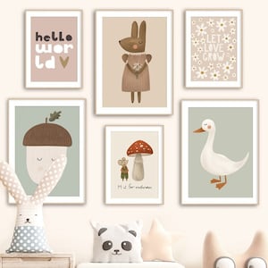 Póster de animales de dibujos animados para guardería, decoración de habitación infantil, arte de pared, pintura en lienzo, carteles nórdicos e impresiones, imágenes de pared