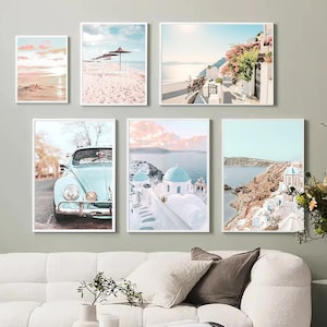 Pôster de pintura de praia pastel, decoração moderna para casa, arte de parede, tela, cenário, impressão para sala de estar, dormitório, decoração romântica