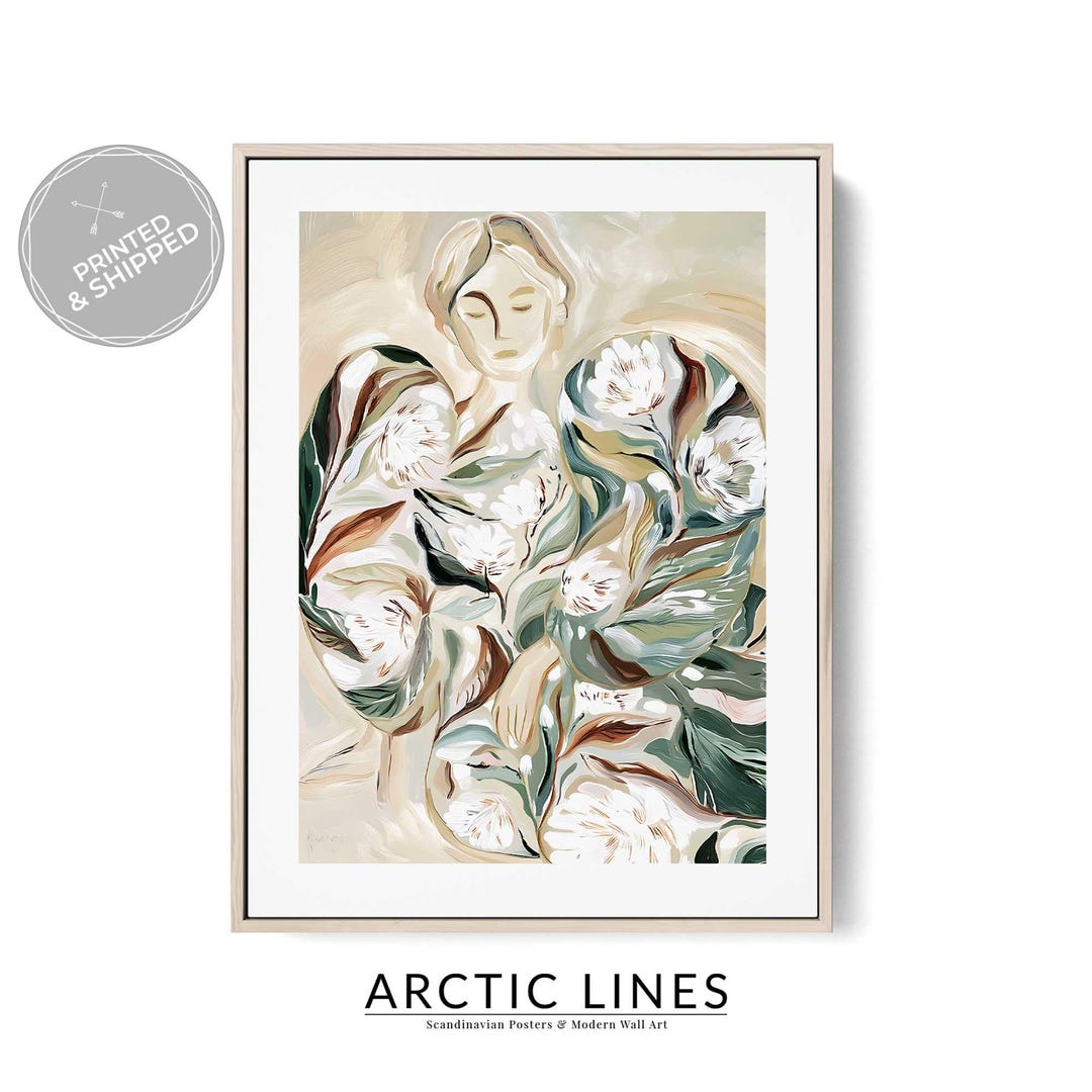 Feminine Botanical Wall Art Print | Sage Green Floral Woman Portrait ...