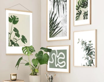 Affiche de feuilles de plantes vertes fraîches et modernes, peinture sur toile d'art mural pour la décoration intérieure avec un design scandinave minimaliste