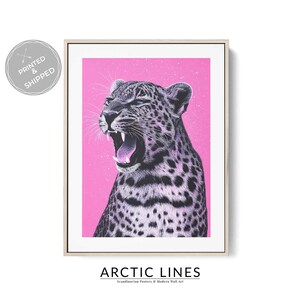 Pink Leopard Wall Art Print, Modern Wildlife Animal Poster, Neon Pink Decor for Living Room, Fierce Big Cat Illustration Eclectic Home Decor
