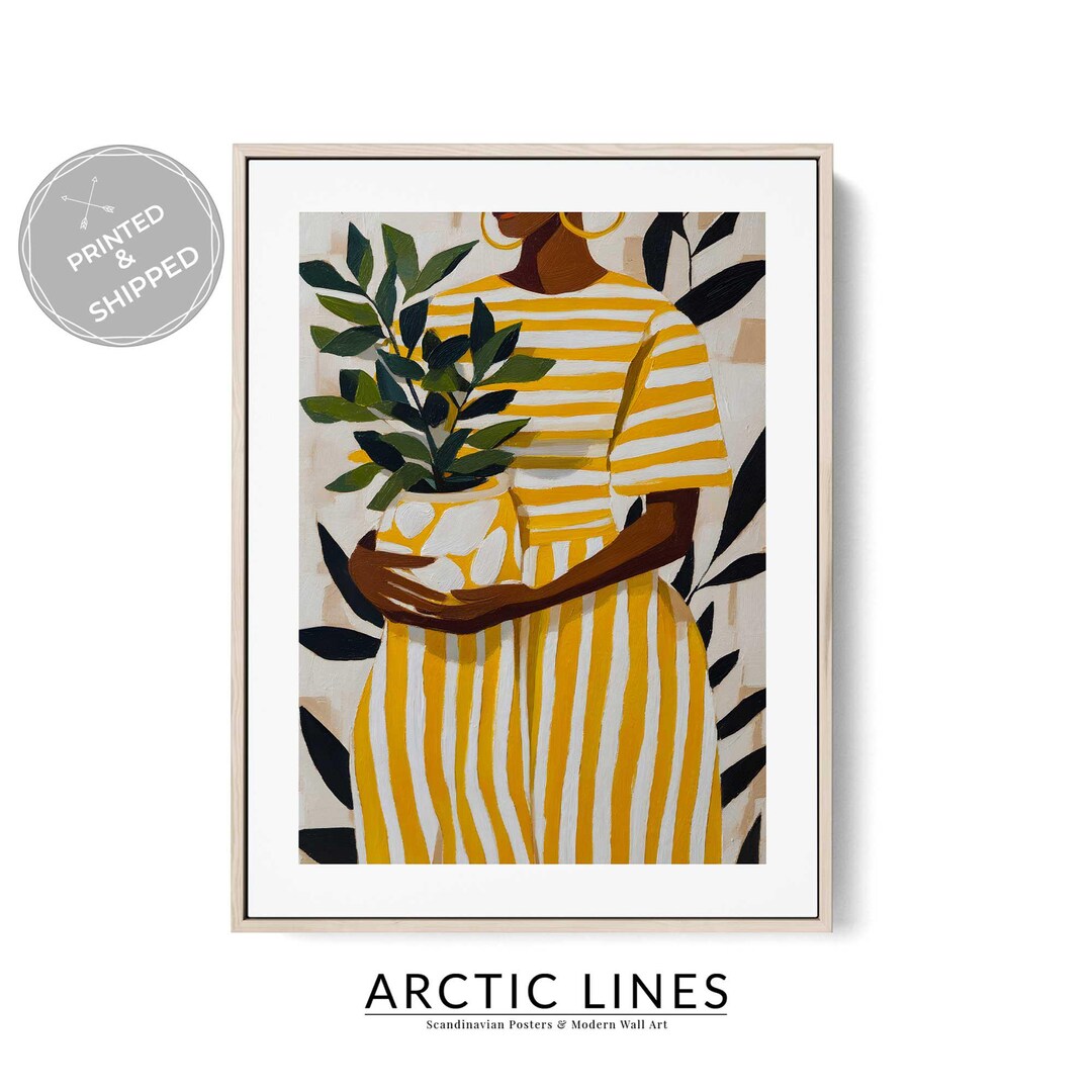 Stylish Woman Yellow Striped Dress Plant Print - Modern Portrait Wall ...