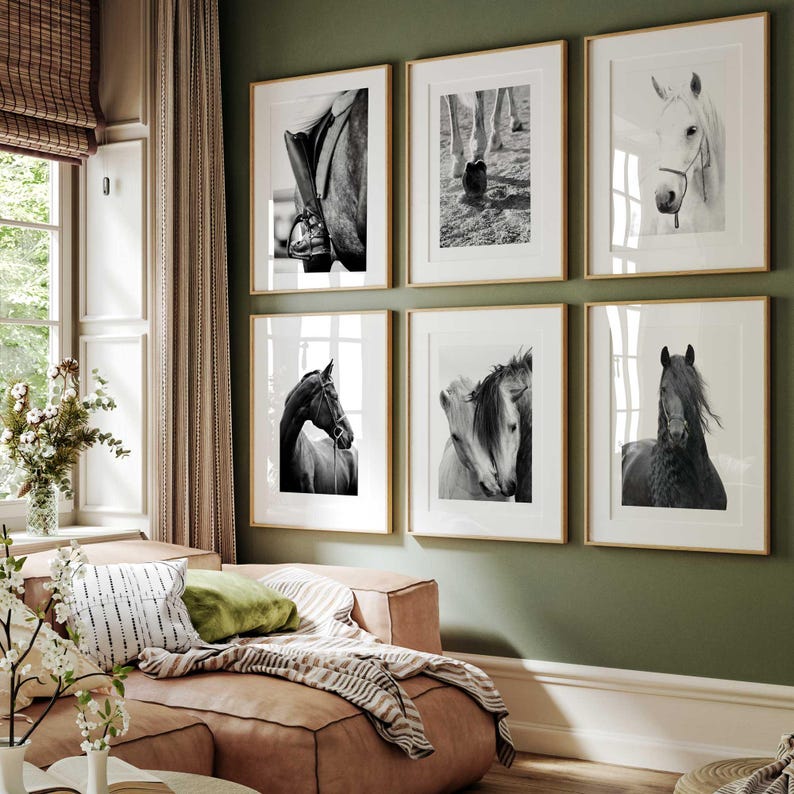 Stylish horse art prints set of six modern black white posters Black and White Horse Photography Set – Equestrian Wall Art Prints, Modern Farmhouse Animal Poster Collection