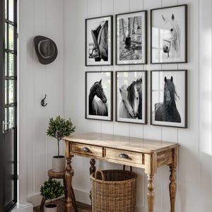Black and White Horse Photography Set – Equestrian Wall Art Prints, Modern Farmhouse Animal Poster Collection
