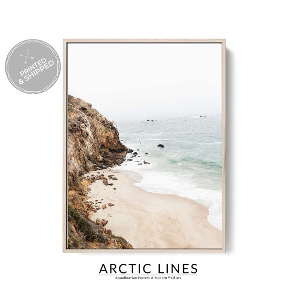 Minimal Coastal Cliff Wall Art, Neutral Beach Photography Print, Calm Ocean Landscape, Scandinavian Seaside Decor