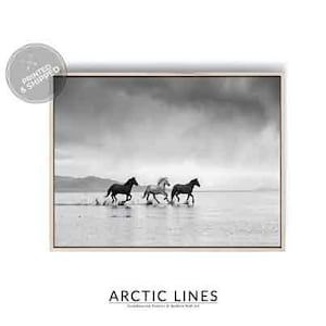 May include: Monochrome framed print depicting three horses galloping through water. The image shows the horses in mid-stride, creating splashes. The print has a neutral colour scheme and a minimalist design.