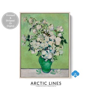 May include: A framed print of a floral still life. The artwork features a bouquet of white roses in a green vase against a green background. The print is labeled "Printed & Shipped Or Digital" and "Arctic Lines".
